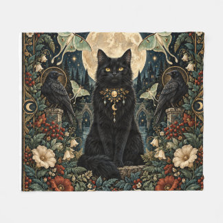 Gato Negro Gótico Celestial con Luna y Cuervos. Fleecedecke