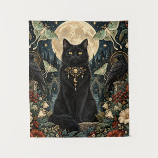 Gato Negro Gótico Celestial con Luna y Cuervos. Wandteppich