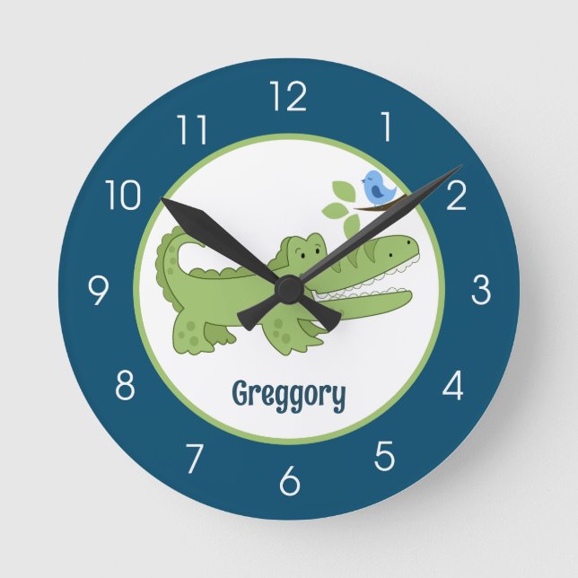 Gator Crocodile Navy Blue Green Jungle Safari Runde Wanduhr (Vorderseite)
