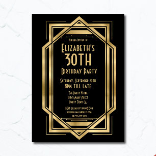 Gatsby 1920er Art Deco Black   Gold 30. Geburtstag Einladung