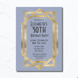 Gatsby 1920er Art Deco Blau   Gold 30. Geburtstag Einladung