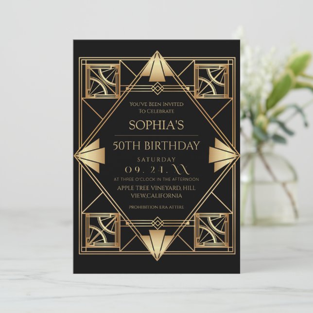 Gatsby Art Deco Black 50th Birthday Party Einladung (Stehend Vorderseite)