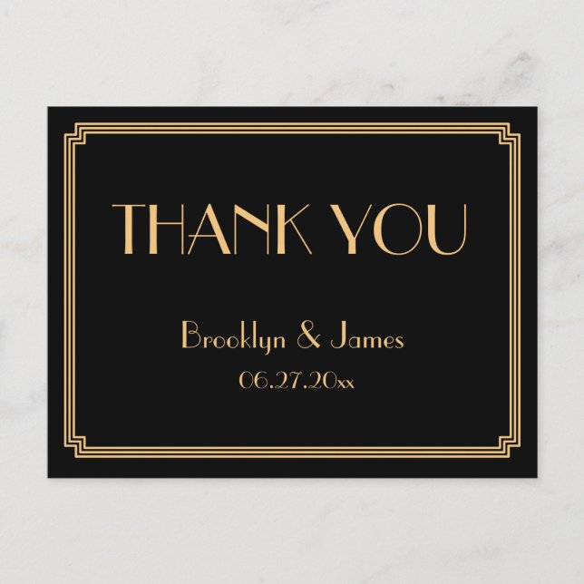 Gatsby Art Deco Black Wedding Danke Postkarten (Vorderseite)