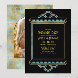 Gatsby Art Deco Blau & Gold Verlobungsfeier Foto Einladung