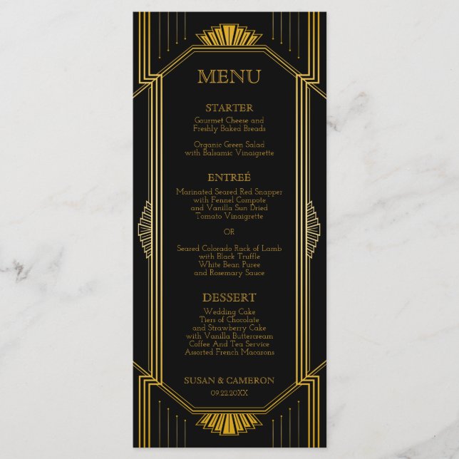 Gatsby Art Deco Dinner Menü | Editierbare Farbe Menükarte (Vorderseite)