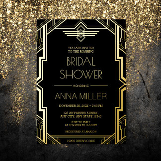 Gatsby Art Deco Gold und Black Brautparty Folieneinladung