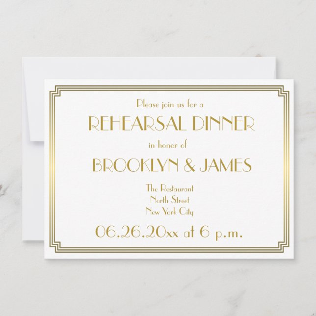Gatsby Art Déco Mariage blanc Invitations de répét (Devant)
