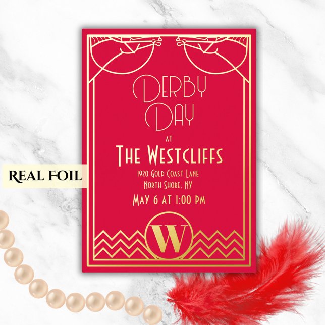 Gatsby Art Deco Rotes Party Folieneinladung (Elegant Gatsby glamor with real gold foil for your Derby day horse racing party)