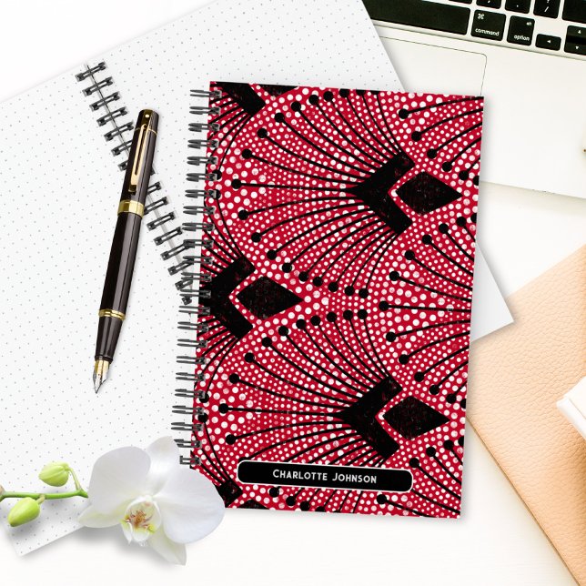 Gatsby Art Deco Schwarz-weiß Peacock Muster Notizbuch (Art Deco Red Black White Stylish Peacock Pattern Notebook ©Susanne Sachers - Sunny Mind 🌞)