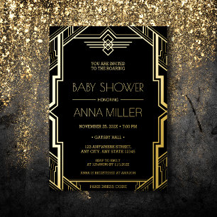 Gatsby Art Deco Schwarze und Goldene Babyparty Folieneinladung