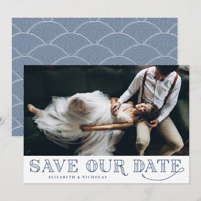 Gatsby Art Deco Typografie Blue Save the Date (Vorne/Hinten)