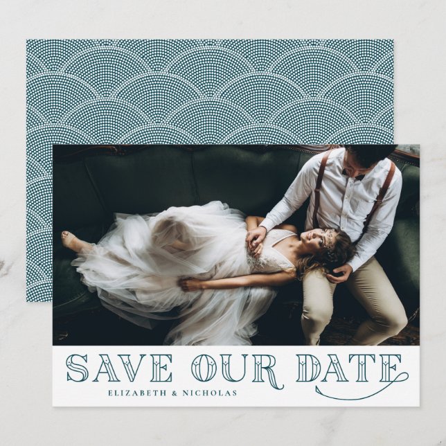 Gatsby Art Deco Typografie Save the Date Aquamarin (Vorne/Hinten)