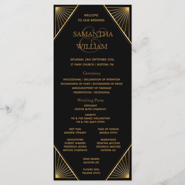 Gatsby Art Deco Wedding Timeline Programm (Vorderseite)