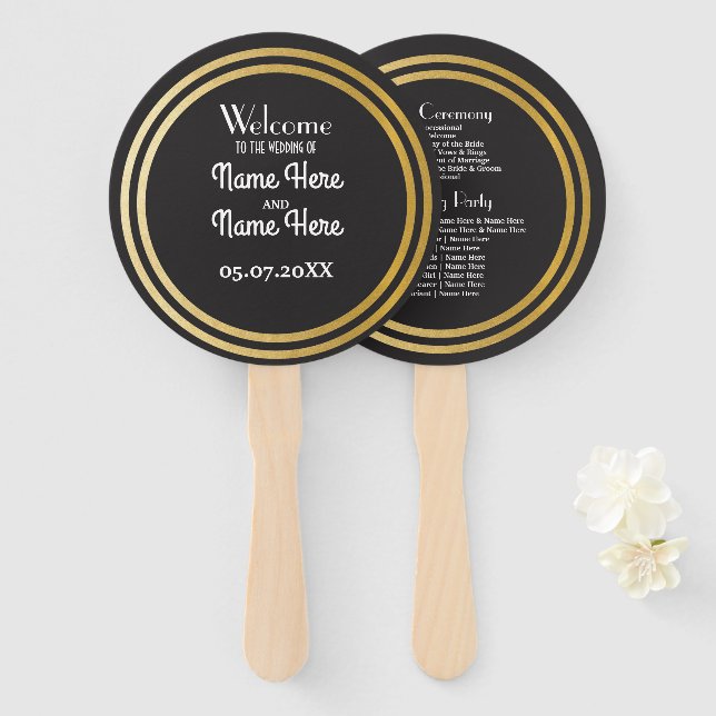 Gatsby Black Art Deco Wedding Program Hand Fan Fächer (Vorne und Hinten)
