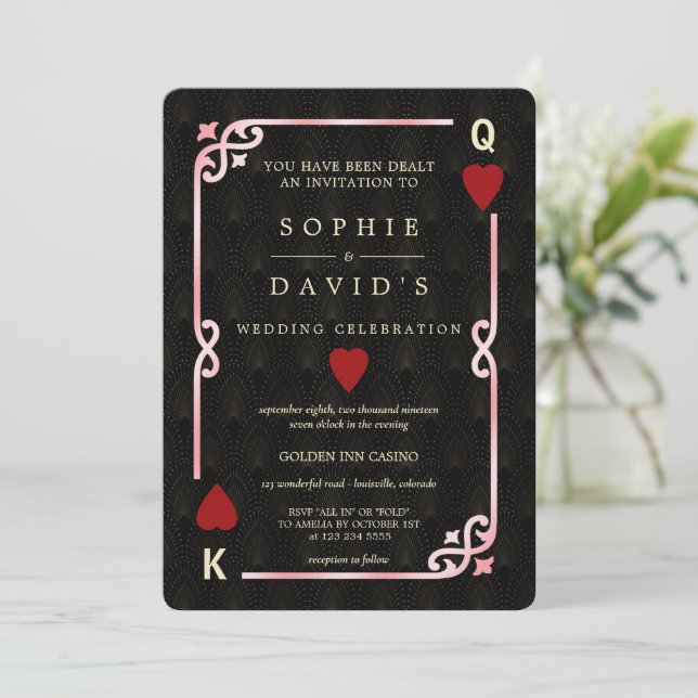 Gatsby Casino Las Vegas Pink Black Poker Wedding Einladung (Stehend Vorderseite)