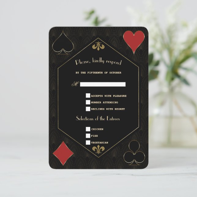 Gatsby Casino Poker Hochzeit RSVP Karte (Stehend Vorderseite)