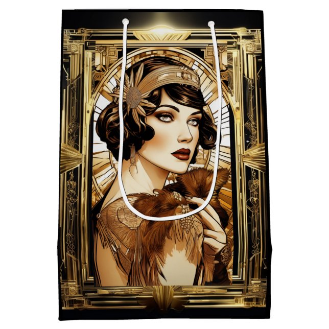Gatsby Flapper Girl brünett 1920er Themenparty Mittlere Geschenktüte (Rückseite)
