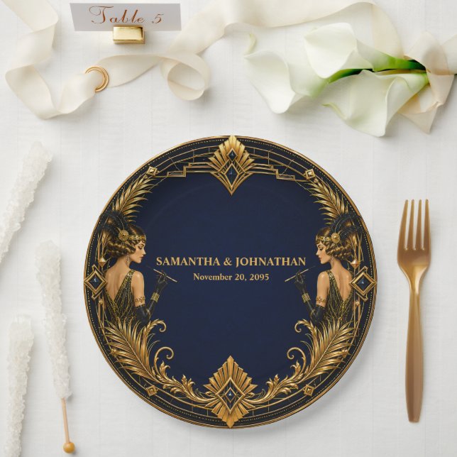 Gatsby Flapper Mädchen Navy Gold Hochzeitsdinner Pappteller (Hochzeit)