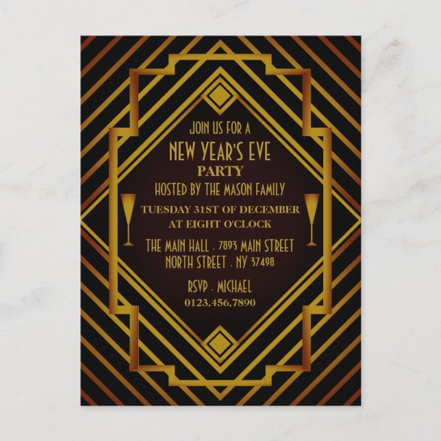 Gatsby Gold 1920er-Party Einladung Postkarte (Vorderseite)