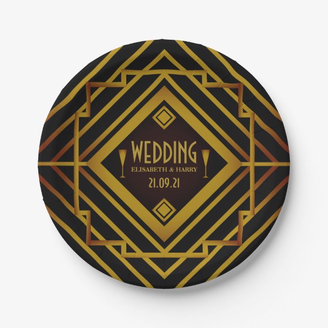 Gatsby Gold 2020er Hochzeit Pappteller (Vorderseite)