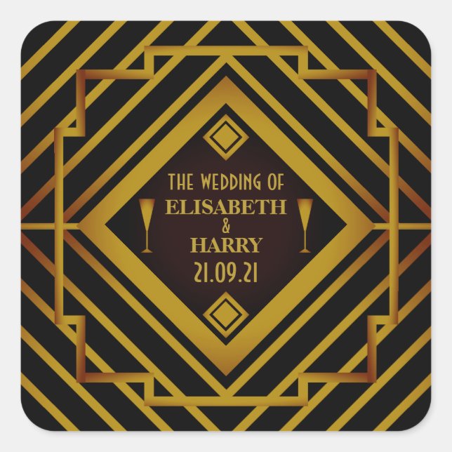 Gatsby Gold 2020er Hochzeit Quadratischer Aufkleber (Vorderseite)