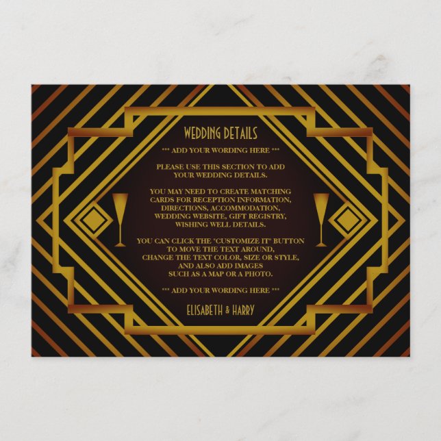 Gatsby Gold 2020er Hochzeitsdetails Begleitkarte (Vorderseite)