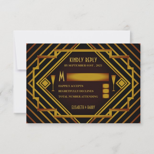 Gatsby Gold 2020er Hochzeitsrabatt RSVP Karte (Vorderseite)