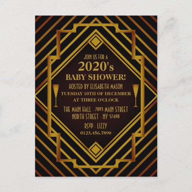 Gatsby Gold 2020's Baby Shower Einladung (Vorderseite)