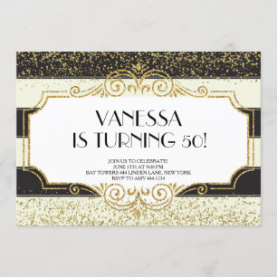 Gatsby Gold Black Glitzer 50. Geburtstag Einladung