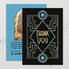 Gatsby-Inspired Art Deco Blue & Gold Wedding Photo Dankeskarte