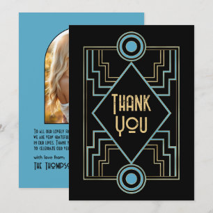 Gatsby-inspirierte Art Deco blaue und goldene Hoch Dankeskarte