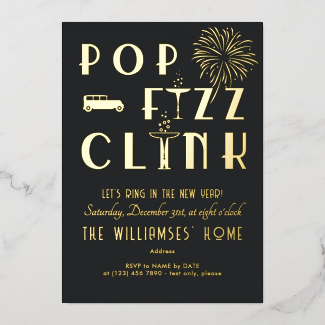 Gatsby Pop Fizz Clink Art Deco Silvester Party Folieneinladung (Vorderseite)