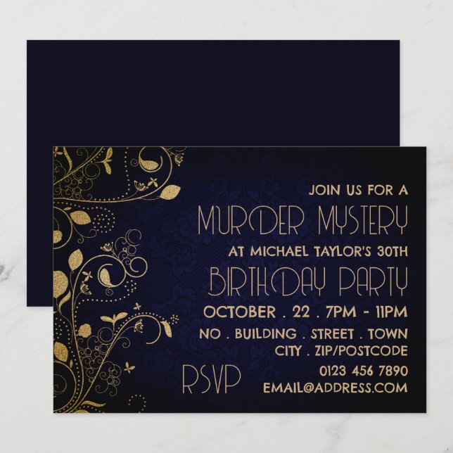 Gatsby Style, Murder Mystery Birthday Party Einladung (Vorne/Hinten)