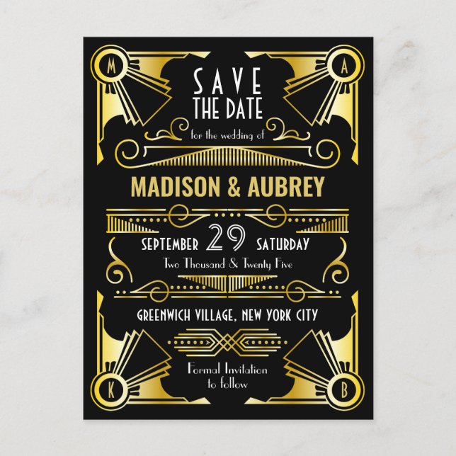 Gatsby Wedding Art Deco Gold Schwarz Ankündigungspostkarte (Vorderseite)