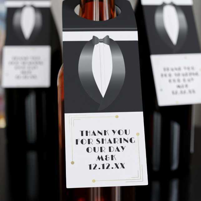 Gatsby Wedding Tuxedo von 1920 Vielen Dank, Flasch Flaschenanhänger (1920s tuxedo bottle tag with space for a short thank you message. Perfect for a 1920s wedding theme)