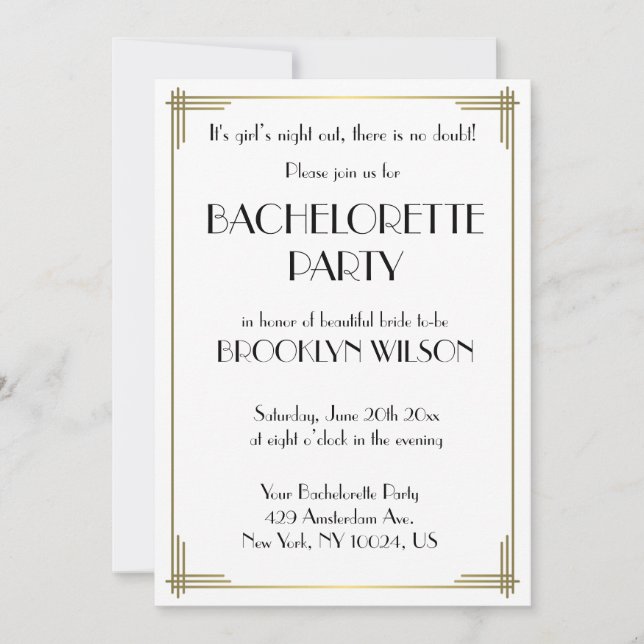 Gatsby White Art Deco Junggeselinnen-Abschied Einl Einladung (Vorderseite)