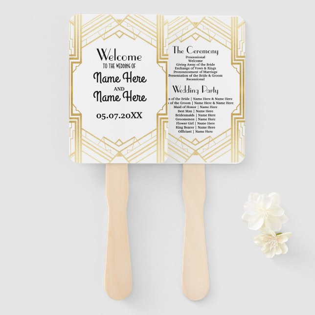 Gatsby White Art Deco Wedding Program Hand Fan Fächer (Vorne und Hinten)