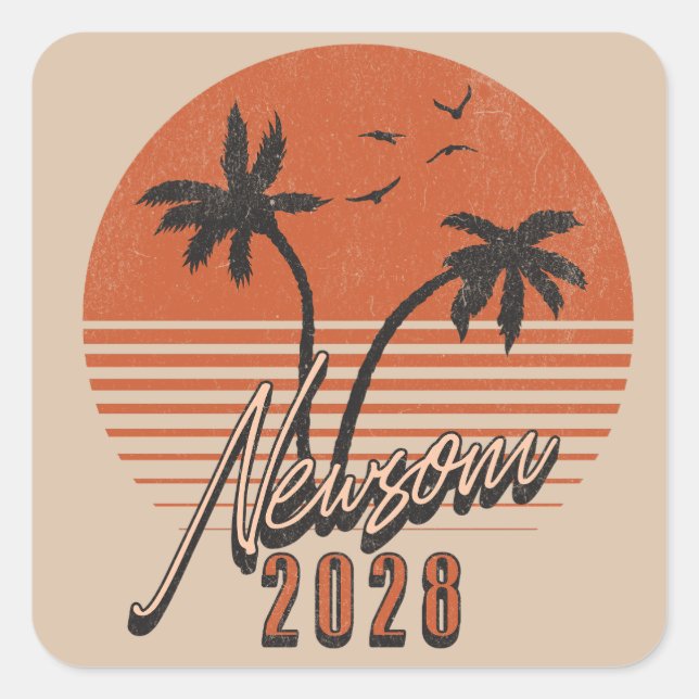 Gavin Newsom 2028 für Präsident Palm Tree Sunset Quadratischer Aufkleber (Vorderseite)