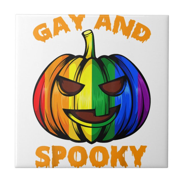Gay and Spooky Halloween Rainbow Pumpkin LGBTQ+ Ga Fliese (Vorderseite)