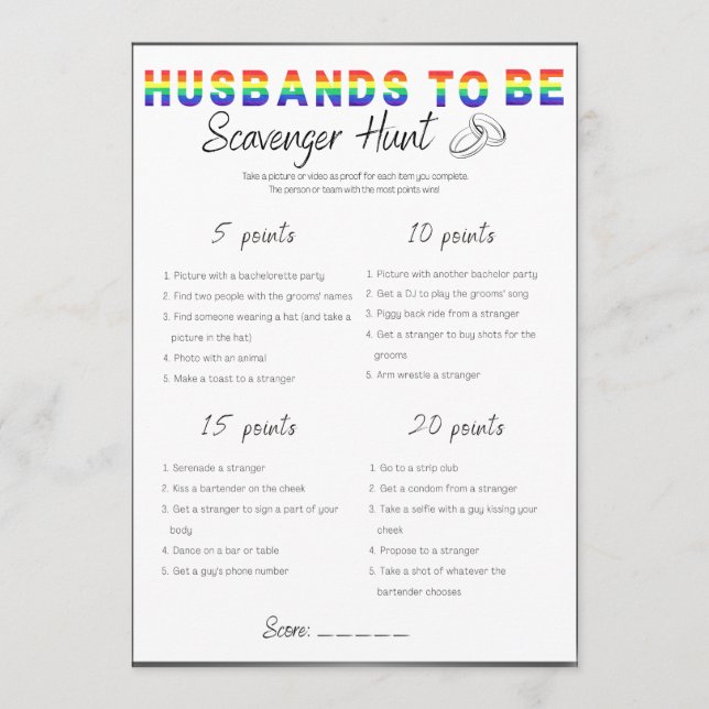 Gay Bachelor Party Game, Scavenger Jagen Einladung (Vorderseite)