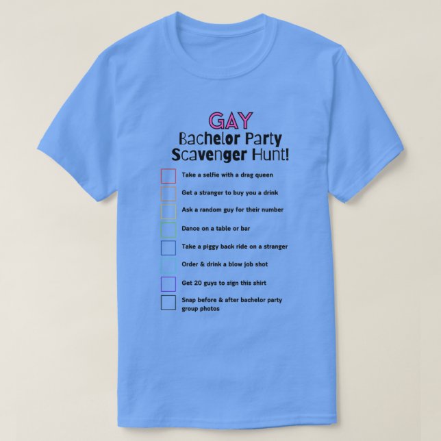 Gay Bachelor Party Scavenger Hunt T-Shirt (Design vorne)