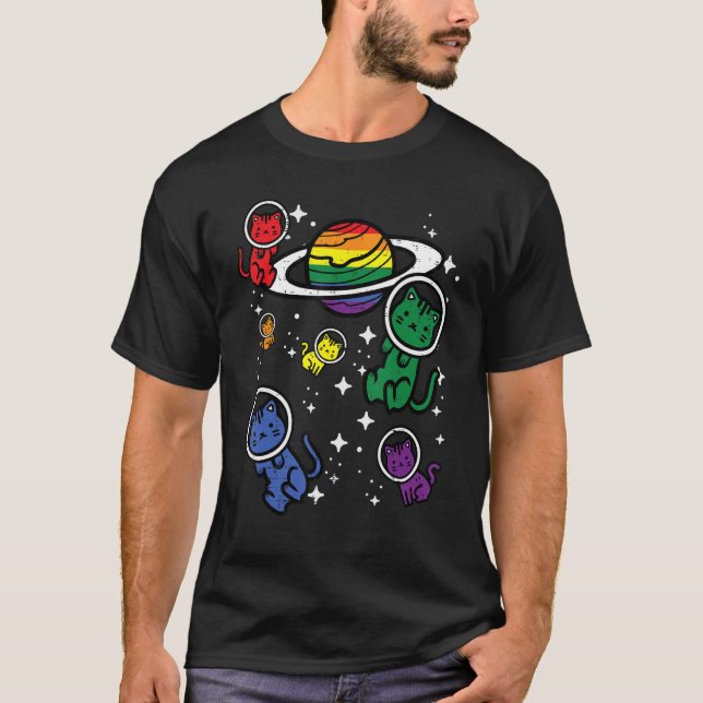 Gay Cats In Space Rainbow Pride Month Lgbtq Ally W T-Shirt (Vorderseite)