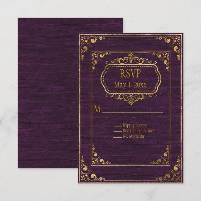 Gay Couple Brown Barnwood and Gold Frames Wedding RSVP Karte (Vorne/Hinten)