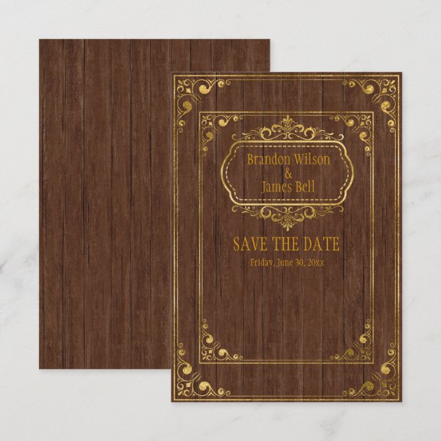 Gay Couple Brown Barnwood and Gold Frames Wedding Save The Date (Vorne/Hinten)