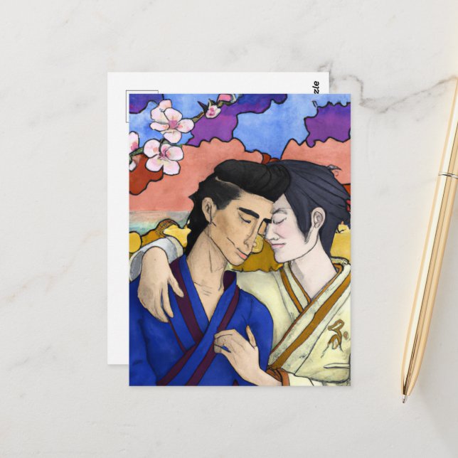 Gay Couple im Stil der japanischen Kunst Ukiyo-e Postkarte (Vorderseite/Rückseite Beispiel)