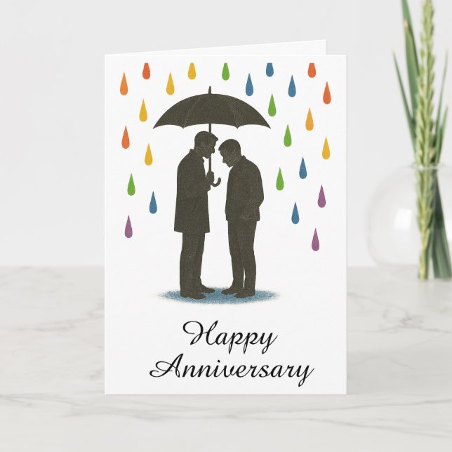 Gay Couple unter dem Schirm Rainy Pride Anniversar Karte (Vorderseite)