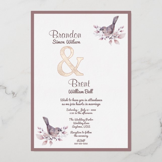 Gay Dusty Burgundy und Rose Gold Amperand Folieneinladung (Vorderseite)