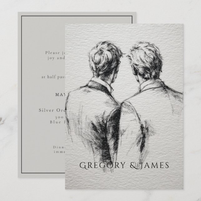 Gay / Grooms Wedding Pencil Drawing  Einladung (Vorne/Hinten)
