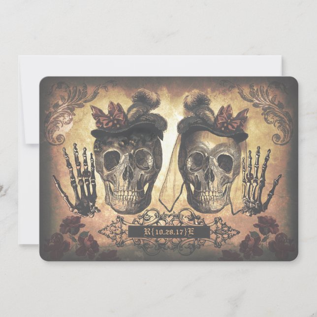 Gay Lesbian Weibliche Paare Skulls Gothic Wedding Einladung (Vorderseite)