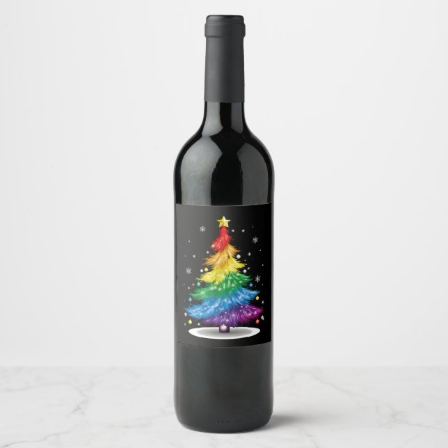 Gay LGBT Pride Rainbow Christmas Tree Merry Xmas Weinetikett (Vorderseite)